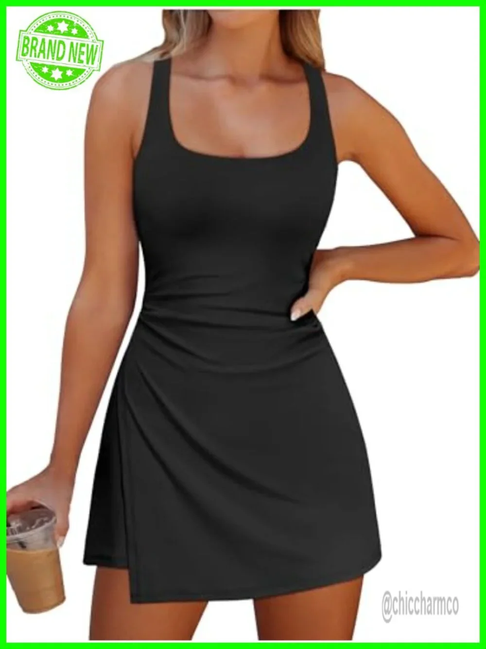 Womens Tennis Dress with Built-in Shorts Square Neck Sleeveless Skort Dress for